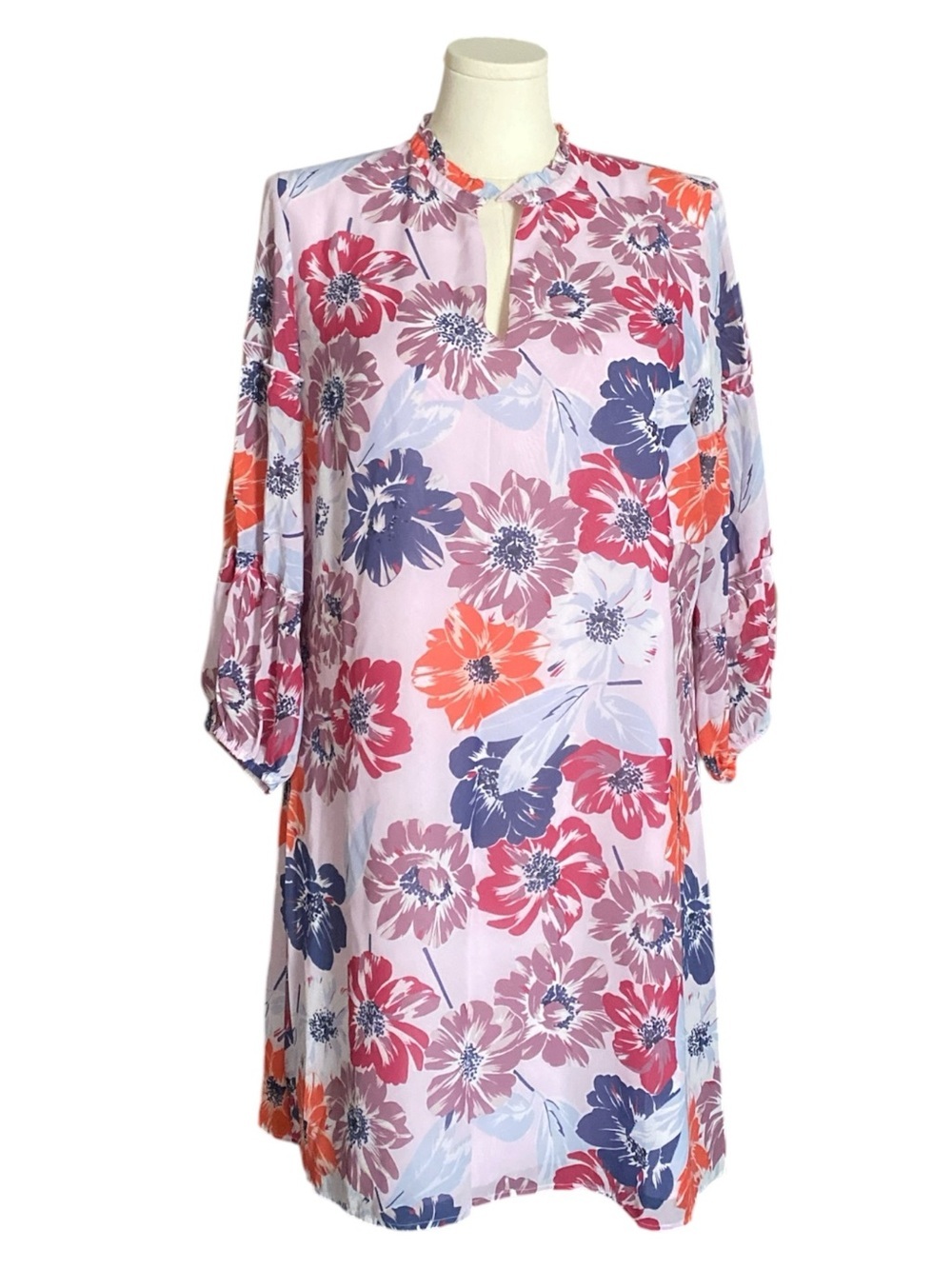 Ann Taylor Women’s Pink Floral 3/4 Sleeve Split Neck Shift Dress Size XL